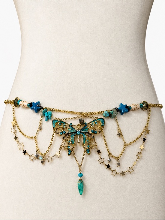 None Accessories - Gold-Tone Butterfly Waist Chain with Turquoise Accents